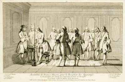 Vergadering van Vrijmetselaars om een leerling te initiëren, uit De Ceremonies van Religie en Gewoonte, c.1733 door French School