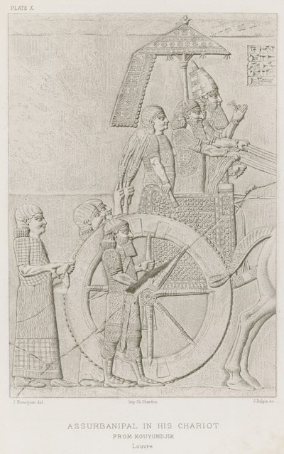 Assurbanipal in zijn wagen, van Kouyundjik, Louvre door French School