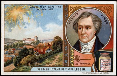 Astronomie: val van een aeroliet midden op de dag, met het portret van Francois Arago (1786-1853) door French School