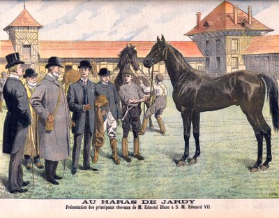 Op de stoeterij van Jardy buiten Parijs (Marnes-la-Coquette). Fokker Edmond Blanc toont zijn beste paarden aan koning Edward VII. De stoeterij van Jardy. Presentatie van de belangrijkste paarden van de heer Edmond Blanc aan HM Edouard VII (1841-1910). Illu door French School