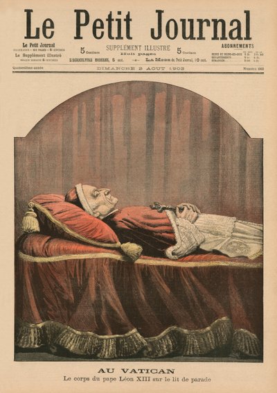 In het Vaticaan, paus Leo XIII opgebaard, voorpagina illustratie van 