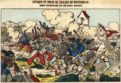 Aanval en verovering van het dorp Montebello, de glorieuze dood van generaal Beuret in 1859. Afbeelding van Epinal door French School