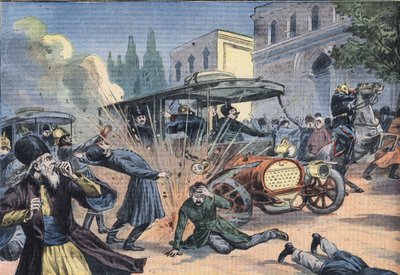 Aanval op de sjah van Perzië Mohammad Ali Shah Qajar (1872-1925). Gravure uit de krant "Le Petit Parisien" door French School