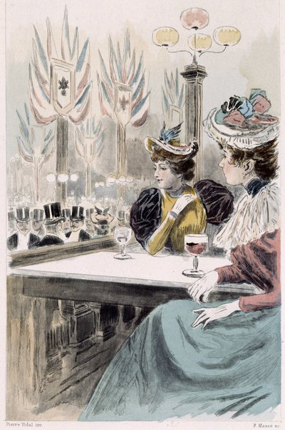 Au Moulin Rouge: vrouwen zittend voor een glas - in "Nos contemporains" door Octave Uzanne door French School