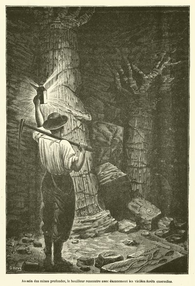 In de diepe mijnen, de mijnwerker ontmoet met verbazing de oude begraven bossen (gravure) door French School