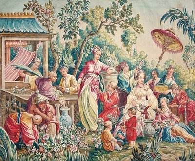 Aubusson Carton voor een Wandtapijt van Figuren in een Oosterse Tuin door French School