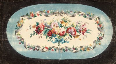 Aubusson ontwerp voor een bankrug of zitrug van boeketten van gemengde bloemen binnen lint- en bloemenranden door French School