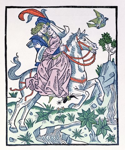 Aucassin en Nicolette op een paard, uit de vroege 13e-eeuwse chantefable Aucassin et Nicolette door French School