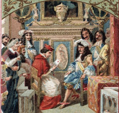Audiëntie gegeven aan de Legaat in de kamer van de koning (Lodewijk XIV?) in het kasteel van Versailles. Chromolithografie van het einde van de 19e eeuw door French School
