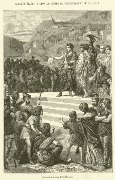 Auguste vestigde in Lyon het centrum van de regering van Gallië (gravure) door French School