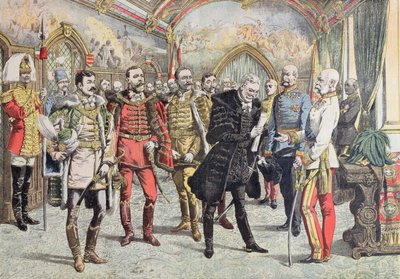 Oostenrijks-Hongaarse crisis - ontvangst van Hongaarse magnaten door keizer Franz Josef, illustratie uit Le Petit Journal, 15 oktober 1905 door French School