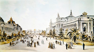 Avenue Nicholas II met het Grand Palais en het Petit Palais tijdens de Exposition Universelle in Parijs, illustratie uit 