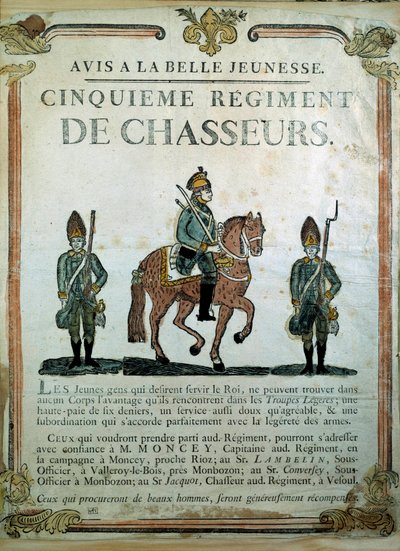 Avis à la Belle Jeunesse, wervingsposter voor het 5e Regiment van Jagers 18e eeuw. Parijs, Musée de l