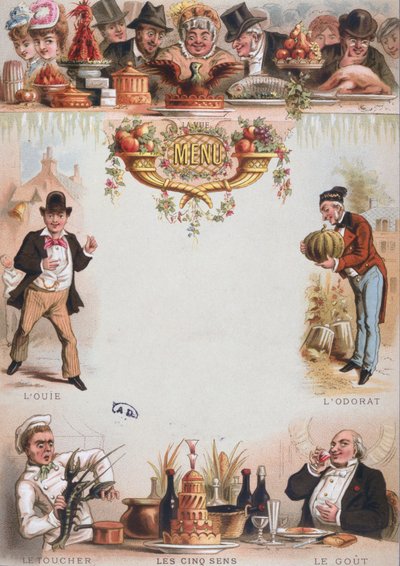 Achtergrondafdruk voor een menu met de vijf zintuigen, eind 19e eeuw (kleur litho) door French School