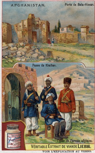 Bala-Hissar Poort in Afghanistan en soldaten van het Afghaanse leger bij de Khaiber-pas. Reclamechromolithografie uit de 19e eeuw. door French School
