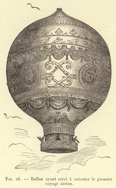 Ballon gebruikt voor de eerste luchtreis (gravure) door French School