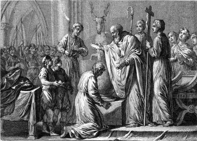 Doop van Clovis I, 25 december 496: de koning van de Franken (466-511) wordt gedoopt door Sint Remi (437-533), bisschop van Reims, in de kerk van Sint Martin. Gravure uit de 18e eeuw. door French School