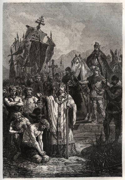 Doop van de heidense Saksische leider Widukind onder druk van keizer Karel de Grote - Karel de Grote dwingt de Saksen tot de doop - Bekering van Widukind voor Karel de Grote in 785 - gravure uit 