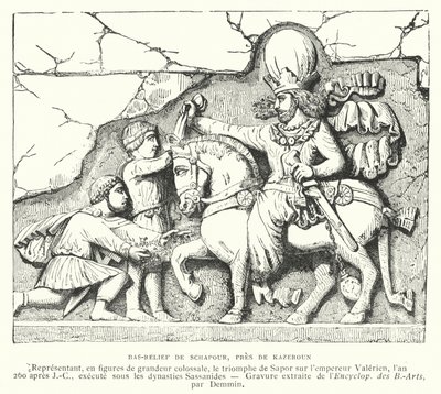 Bas-reliëf nabij Kazerun, Iran, dat de overwinning van de Sassanidische koning Shapur I op de Romeinse keizer Valerianus bij de Slag bij Edessa in 260 afbeeldt (gravure) door French School