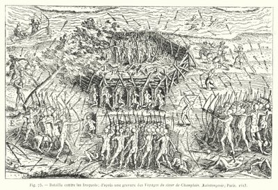Slag tegen de Iroquois; naar een gravure uit de reizen van de heer de Champlain, Xaintongeois, Parijs door French School