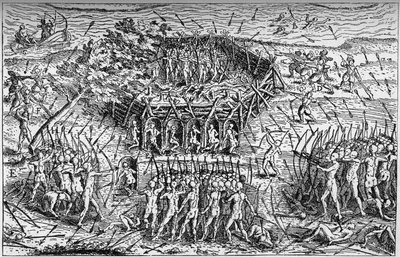 Slag tussen het Franse leger van Samuel de Champlain en de Iroquois. Canada, begin 17e eeuw. Gravure in 