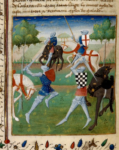 Strijd tussen de ridder Palamede en Artus (of Arthur) de kleine Miniatuur uit het manuscript "De roman van Tristan" gericht aan Meester Charlkes van Maine door French School