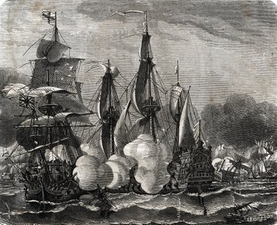 Slag bij Bantry Bay, zeeslag gevochten op 11 mei 1689, een week voor de verklaring van de Negenjarige Oorlog (gravure) door French School