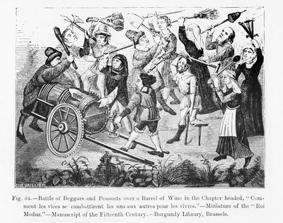 Slag van Bedelaars en Boeren om een Wijnvat, uit het Boek van Koning Modus, illustratie uit Wetenschap en Literatuur in de Middeleeuwen en de Renaissance, geschreven en gegraveerd door Paul Lacroix door French School