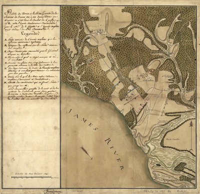 Slag bij Green Spring, Kaart van het Land aan de Linkeroever van de James River tegenover Jamestown in Virginia waar de Slag van 6 Juli Plaatsvond door French School
