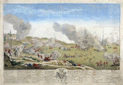 Slag bij Saint Cast waarbij de Franse troepen van Bretagne de Engelsen versloegen in 1758. Illustratie bewaard in het Museum van Dinan. door French School