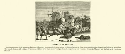 Slag bij Thapsus, Noord-Afrika, Caesars burgeroorlog, 46 v.Chr. (gravure) door French School