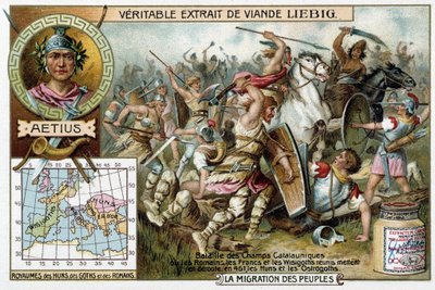 Slag van de Catalaunische velden, waar de Romeinen, de Franken en de Visigoten samen de Hunnen en Ostrogoten versloegen in 451. Portret van de Romeinse generaal Aetius - Liébig reclamevignet door French School