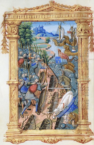 Slagveld tussen boogschutters en cavalerie, met kasteel en schepen, c.1495-1500 door French School