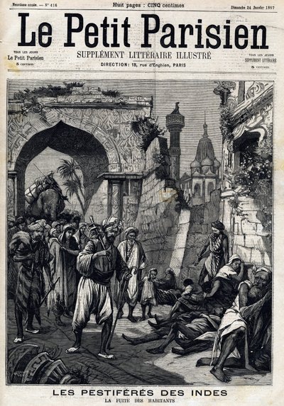 India getroffen door de pest, inwoners vinden de epidemie voordat ze de builenpest oplopen. Voorpagina van Engelse krant Le Petit Parisien. 24 januari door French School