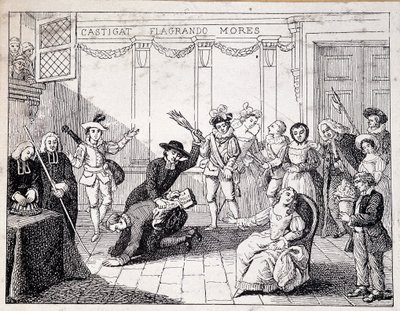 Beaumarchais geseling in Saint Lazare - scène van geseling door Beaumarchais, met in de hand de brochure van de Folle journée - naar schilderij van de Comédie Française, gravure door French School