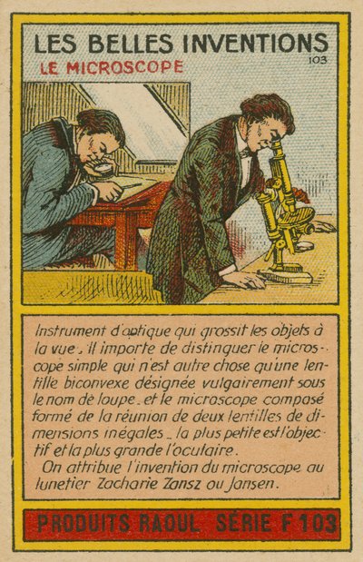Kaart van mooie uitvindingen, microscoop door French School