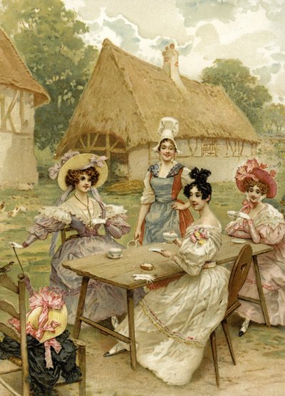 Mooie rijke vrouwen drinken thee op een boerderij door French School