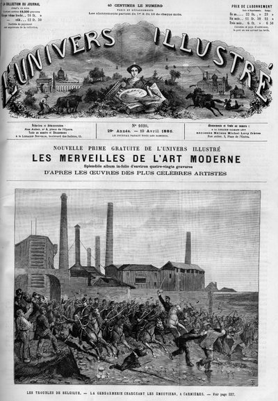 Belgische arbeidersstaking: de politie laadt de ruiters in Carnieres. Een krant. Gravure in 