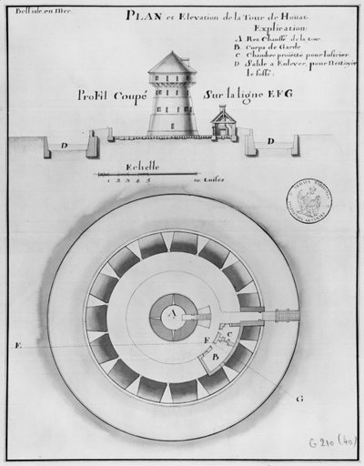 Belle Isle en Mer, plan en elevatie van de toren van Houat, 1745 door French School
