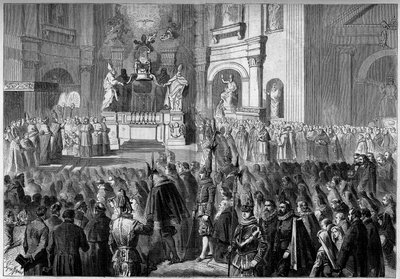 Zegen door paus Pius IX (1792-1878) van het altaar van de preekstoel van de Sint-Pieterskerk in Rome, na restauratie. Altaar gebouwd tussen 1656 en 1658 door Gianlorenzo Bernini. door French School