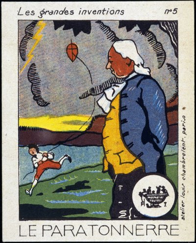 Benjamin Franklin, Amerikaans politicus en natuurkundige (1706-1790) en de bliksemafleider (de ervaring met de vlieger) - Etiket, begin 20e eeuw door French School