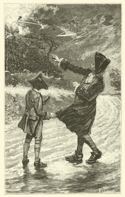 Benjamin Franklin vliegt zijn vlieger (gravure) door French School