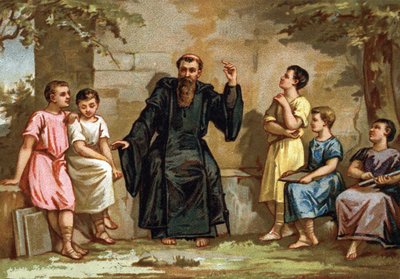 Benoit de Nursie, of Saint Benoit (480-547) leert zijn regel aan de kinderen van Romeinse edelen. Chromolithografie van de late 19e eeuw door French School