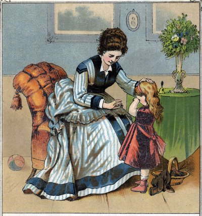 Berthe huilt omdat ze net haar vinger heeft geprikt tijdens het naaien. Haar moeder berispt haar omdat ze vergat de naald te gebruiken. Chromolithografie uit 
