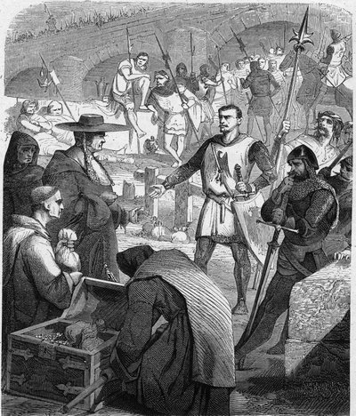 Bertrand du Guesclin (Duguesclin) (ca.1320-1380) connetable van Frankrijk weigert geld te ontvangen van de inwoners van Avignon. Gravure in 