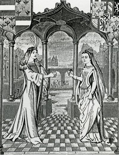 Verloving van Maximiliaan I en Maria, Hertogin van Bourgondië in 1477, naar een afbeelding in de Chroniques de Flandre door French School