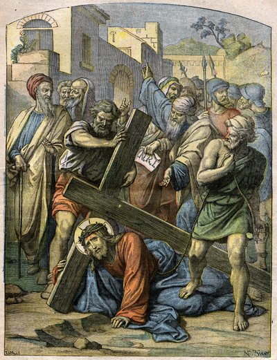 Bijbels tafereel - Kruisweg: Jezus valt voor de tweede keer. Gravure in 