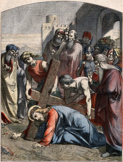 Bijbelse scène - Kruisweg: Jezus valt voor de eerste keer. Gravure in 