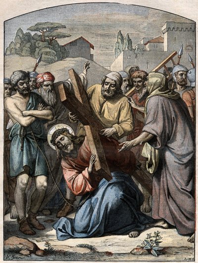 Bijbelse scène - Kruisweg: Jezus geholpen door Simon van Cyrene (de Cyreneeër). Gravure in 