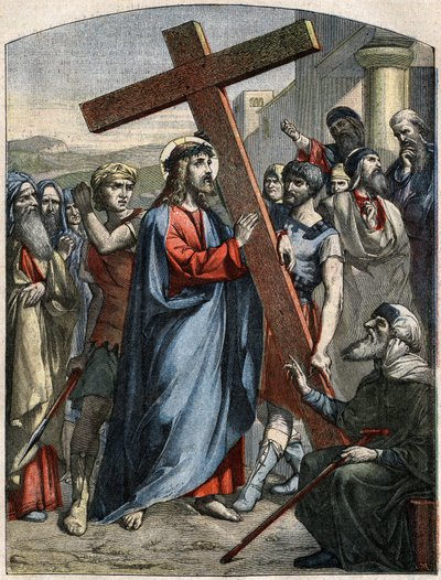 Bijbelse scène - Kruisweg: Jezus draagt het kruis. Gravure in 